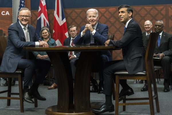 US President Joe Biden delivers remarks on the Australia–UK–US (AUKUS) partnership, after a trilateral meeting with British Prime Minister Rishi Sunak and Australian Prime Minister Anthony Albanese, at Naval Base Point Loma in San Diego, the Unites States on 13 March 2023 (Photo: US Department of Defense/Eyepress via Reuters).