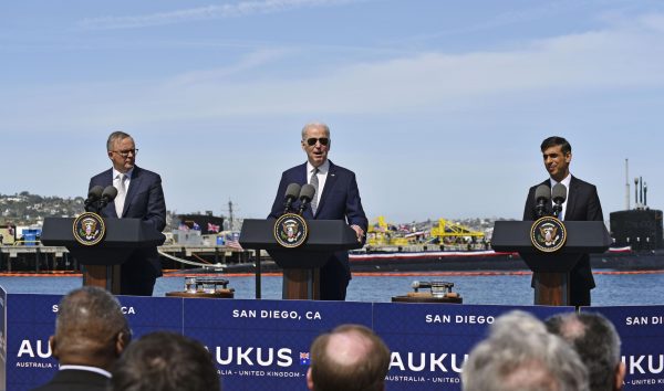 US President Joe Biden, Australian Prime Minister Anthony Albanese and British Prime Minister Rishi Sunak attend a press conference held in front of a US nuclear-powered submarine in San Diego, California, 13 March 2023 (Photo: Reuters/Kyodo Pictures).