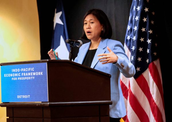 US Trade Representative Katherine Tai addresses the media during the Indo-Pacific Economic Framework meeting in Detroit, Michigan, United States, 27 May 2023 (Photo: Reuters/Rebecca Cook).