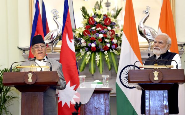 Nepal Prime Minister Pushpa Kamal Dahal aka 'Prachanda' addresses a joint press conference with Prime Minister Narendra Modi at Hyderabad House in New Delhi, 1 June 2023 (Photo: Reuters/ANI Photo/Jitender Gupta).