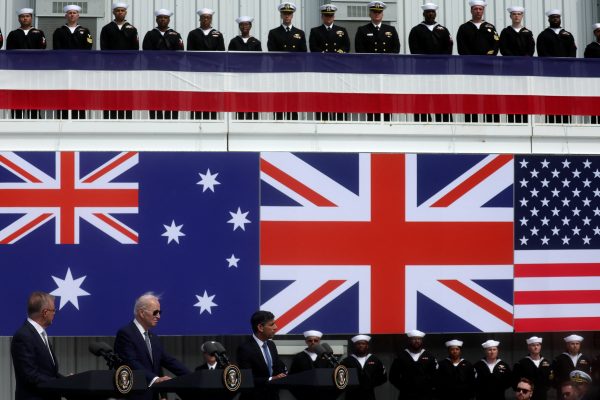 US President Joe Biden, Australian Prime Minister Anthony Albanese and British Prime Minister Rishi Sunak deliver remarks on the Australia-United Kingdom-US. (AUKUS) partnership, after a trilateral meeting, at Naval Base Point Loma in San Diego, California, United States, 13 March 2023 (Photo: Reuters/Leah Millis).