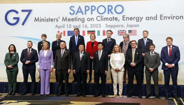 Japan's Minister of Economy, Trade and Industry Yasutoshi Nishimura, Environment Minister Akihiro Nishimura and other delegates attend the photo session of G7 Ministers' Meeting on Climate, Energy and Environment in Sapporo, Japan 15 April 2023, in this photo released by Kyodo (Photo: Reuters/Kyodo)