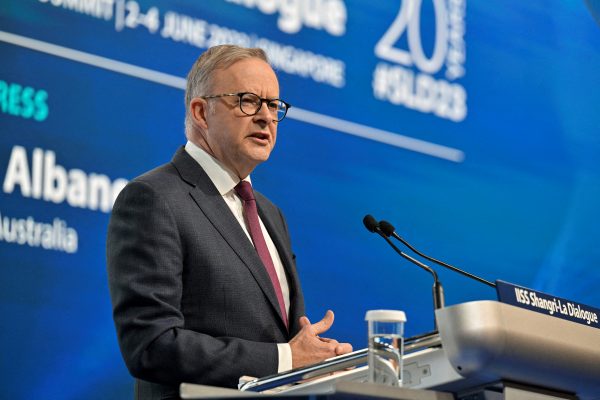 Prime Minister Anthony Albanese gives the keynote address for the 20th IISS Shangri-La Dialogue, Singapore, 2 June 2023 (Photo: Reuters/Caroline Chia).