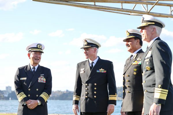 Vice Admiral Akira Saito talks with commanders from United States, Indian and Australian naval forces before the annual 'Exercise Malabar' joint drills begin, 10 August 2023, Sydney, Australia (Photo: Reuters/Kyodo).