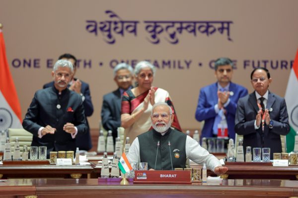Prime Minister Narendra Modi announces adoption of the G20 Leaders’ Summit Declaration during Session 1 on 'One Earth' at the Summit, at Bharat Mandapam, Pragati Maidan, in New Delhi, India, 9 September 2023 (Photo: Reuters/ANI).