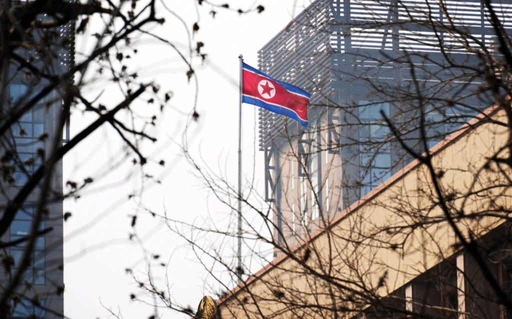 The North Korean national flag is hoisted at the North Korean embassy in Beijing, China on 6 March 2023 (Photo: Reuters/The Yomiuri Shimbun ).