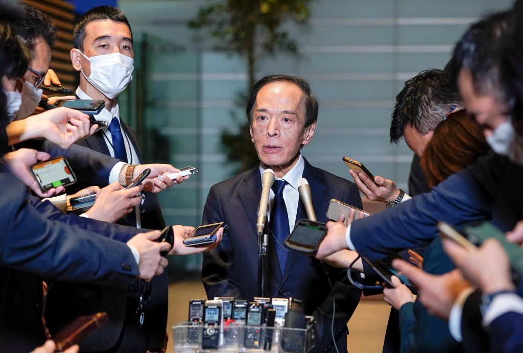 Governor of Bank of Japan Kazuo Ueda speaks to journalists after meeting Japanese Prime Minister Fumio Kishida at the prime minister’s official residence in Tokyo, Japan, 10 April 2023 (Photo: Kimimasa Mayama/Pool via Reuters).
