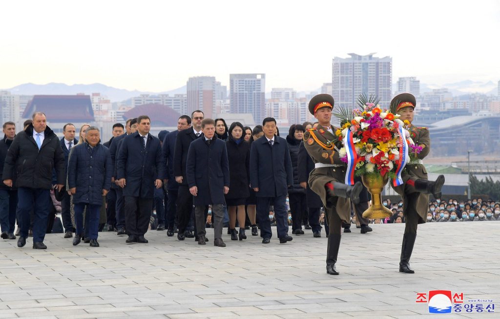 Oleg Kozhemyako, governor of the Russian far eastern region of Primorsky and Ji Kyong Su, North Korea's vice minister of External Economic Relations walk during a march on the day the two countries met for talks on economic cooperation, in Pyongyang, in this picture released by the Korean Central News Agency on 13 December 2023 (Photo: Reuters/Korean Central News Agency).
