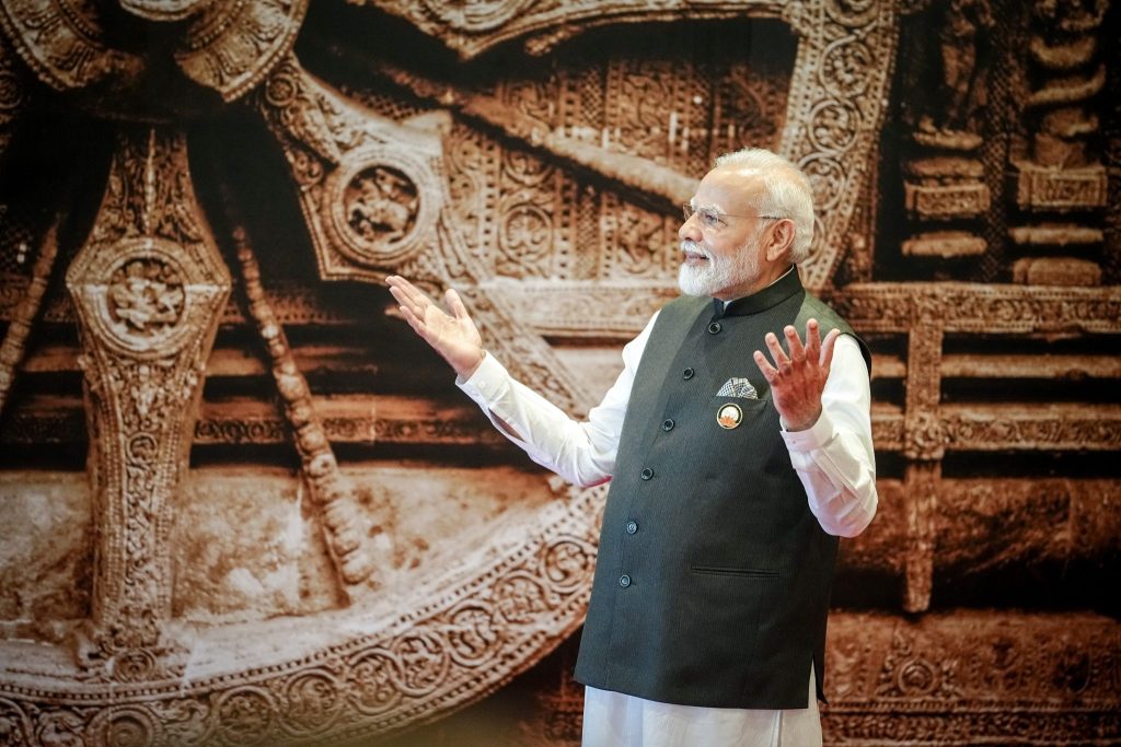 Indian Prime Minister Narendra Modi awaits his guests at the G20 Summit in New Delhi, India, on 9 September 2023 (Photo: Kay Nietfeld/Reuters).