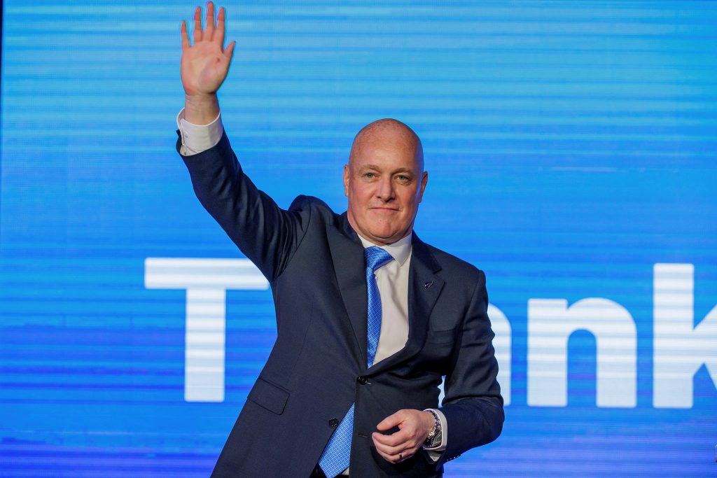 Christopher Luxon, Leader of the National Party waves to supporters at his election party after winning the general election to become New Zealand’s next prime minister in Auckland, New Zealand, 14 October 2023. (Photo: Reuters/David Rowland).