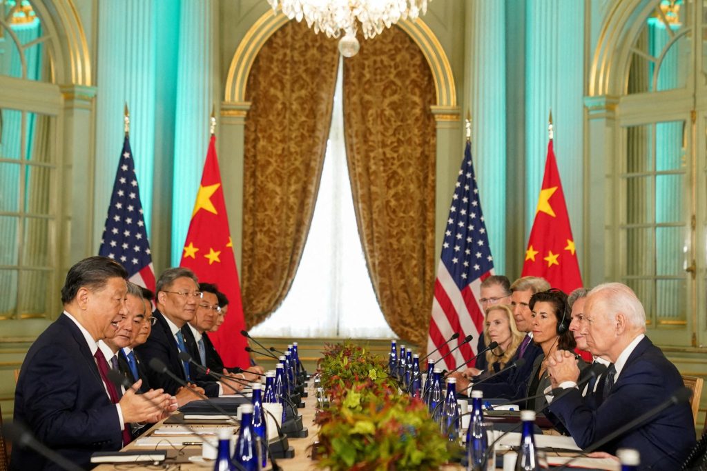 US President Joe Biden and Chinese President Xi Jinping attend a bilateral meeting at Filoli estate on the sidelines of the Asia-Pacific Economic Cooperation (APEC) summit, in Woodside, California, US, 15 November 2023 (Photo: Reuters/Kevin Lamarque).