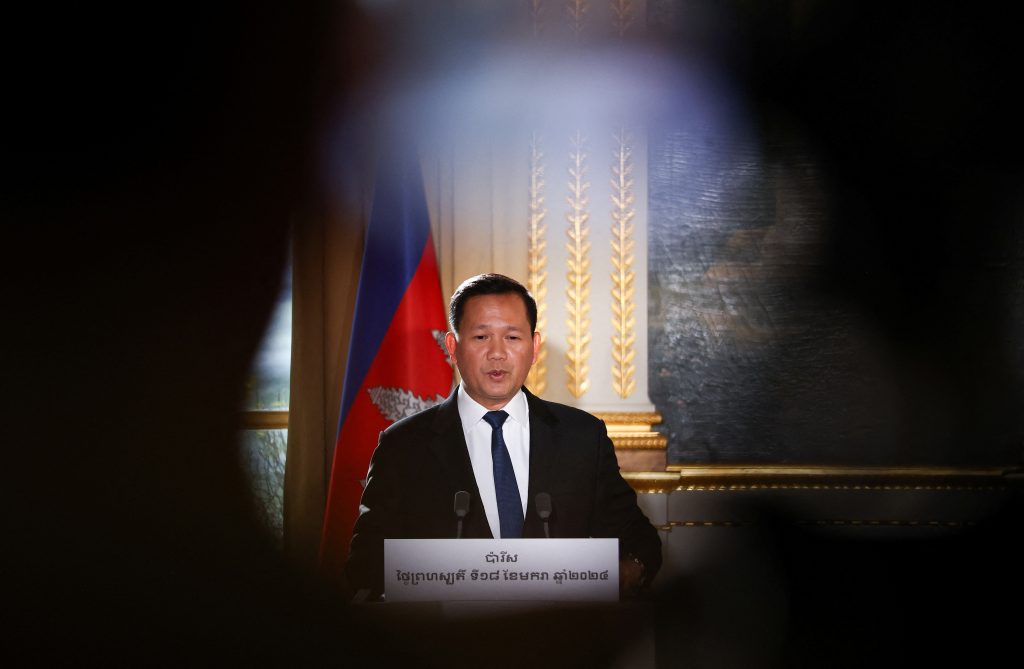 Cambodian Prime Minister Hun Manet speaks as he gives a statement next to French President Emmanuel Macron (unseen) during his visit to the Elysee Palace in Paris, France, 18 January 2024 (Photo: Mohammed Badra/Pool via Reuters).