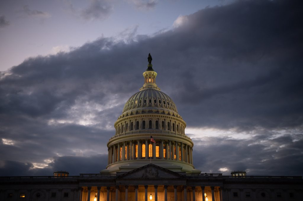 A general view of the US Capitol at dusk, in Washington, DC, on 18 November 2021 (Photo: Reuters/Graeme Sloan).