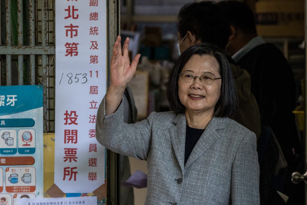 Taiwanese President Tsai Ing-wen is at a voting station, preparing to cast her ballot in the election at a polling station in New Taipei City, Taiwan, on 13 January 2024 (Photo: Reuters/Vernon Yuen).