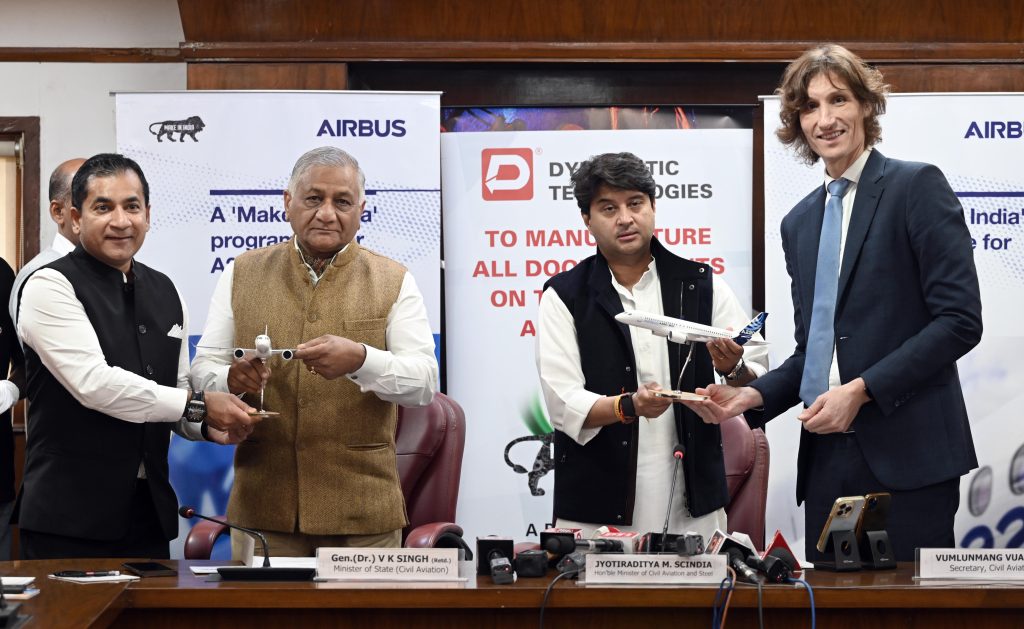 Bengaluru-based Dynamatic Technologies and Airbus have signed an agreement to make all door variants for the French planemaker's A220 planes in presence of Union Civil Aviation Minister Jyotiraditya Scindia and MOS Civil Aviation VK Singh in New Delhi, India, in 8 February 2024 (Photo: Reuters/Sanjeev Verma).