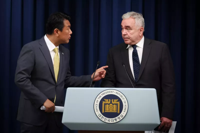 Principal Deputy National Security Adviser Kim Tae-hyo and US Deputy Secretary of State Kurt Campbell attend a press conference at the Presidential Office in Seoul, South Korea, 18 July 2023 (Photo: REUTERS/Kim Hong-Ji).