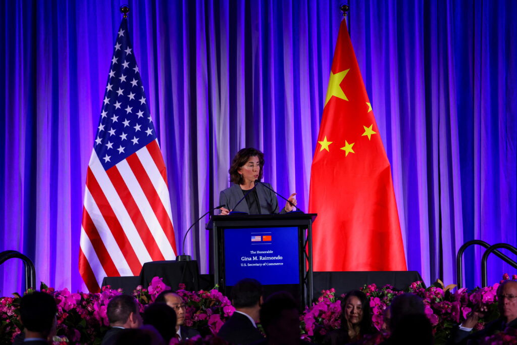 US Secretary of Commerce Gina M. Raimondo speaks at the 'Senior Chinese Leader Event' held by the National Committee on US-China Relations and the US-China Business Council on the sidelines of the Asia-Pacific Economic Cooperation (APEC) summit in San Francisco, California, United States., 15 November 2023. (Photo: Reuters/Carlos Barria/Pool).