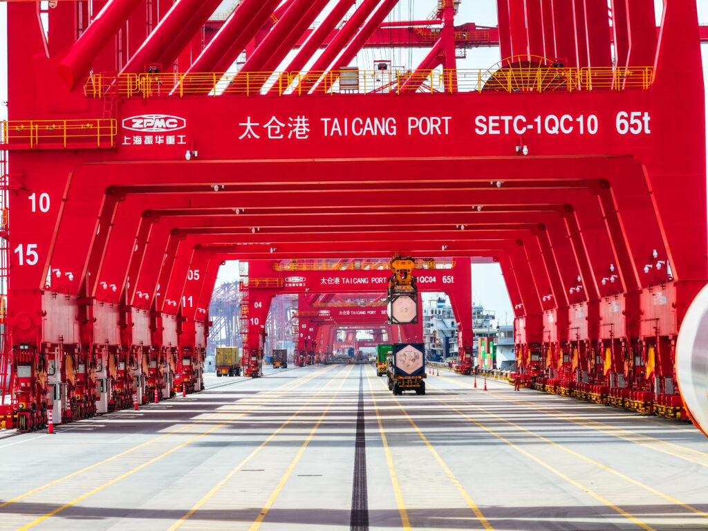 Bridge cranes are seen at Taicang Zhenghe International Container Terminal in Suzhou, Jiangsu province, China, 25 July 2023 (Photo: Reuters/Sipa USA).