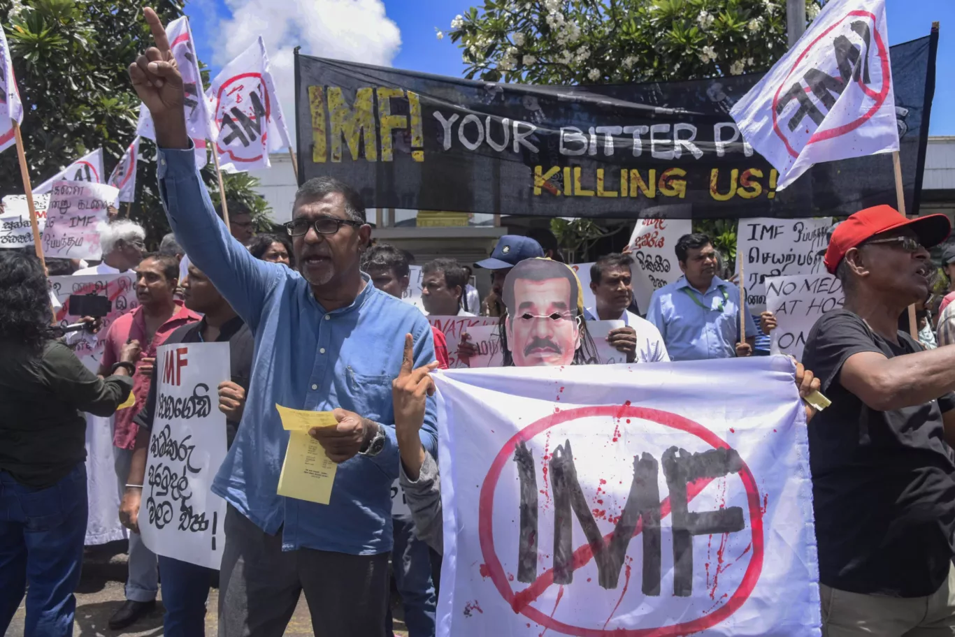Protestors take part in a protest against the proposed government plan to utilize funds from Employee Pension Funds (EPF) and Employees Trust Fund (ETF) as part of the domestic debt structuring process, Colombo, Sri Lanka 28 August 2023. (Photo:Reuters/Matrix Images/Akila Jayawardena)