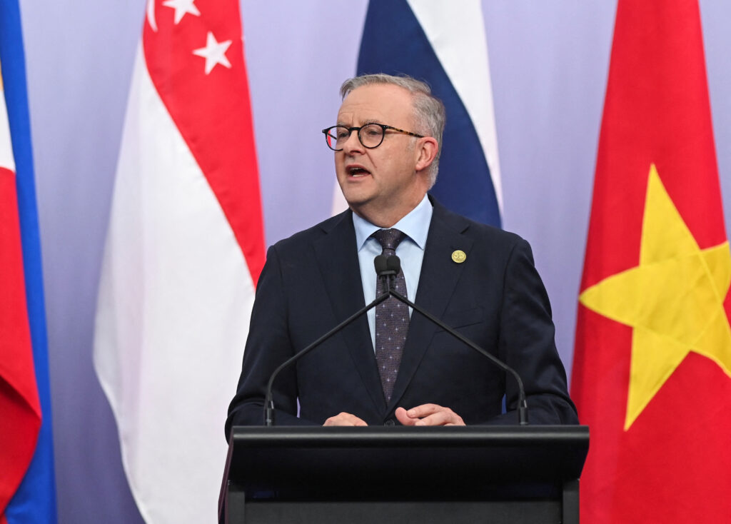 Australia's Prime Minister Anthony Albanese speaks during a joint media statement with Laos' Prime Minister Sonexay Siphandone, during the ASEAN-Australia Special Summit, in Melbourne, Australia, 6 March 2024. (Photo: Reuters/Jaimi Joy)