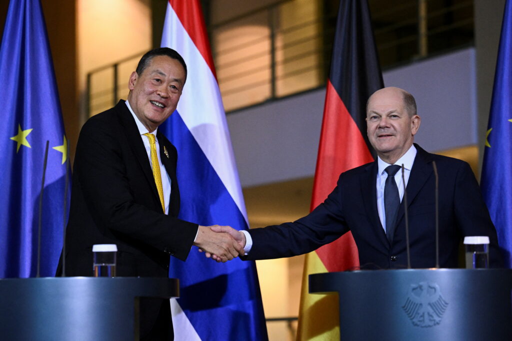 German Chancellor Olaf Scholz and Thailand's Prime Minister Srettha Thavisin shake hands as they hold a press conference at the Chancellery in Berlin, Germany, 13 March 2024 (Photo: Reuters/Annegret Hilse).