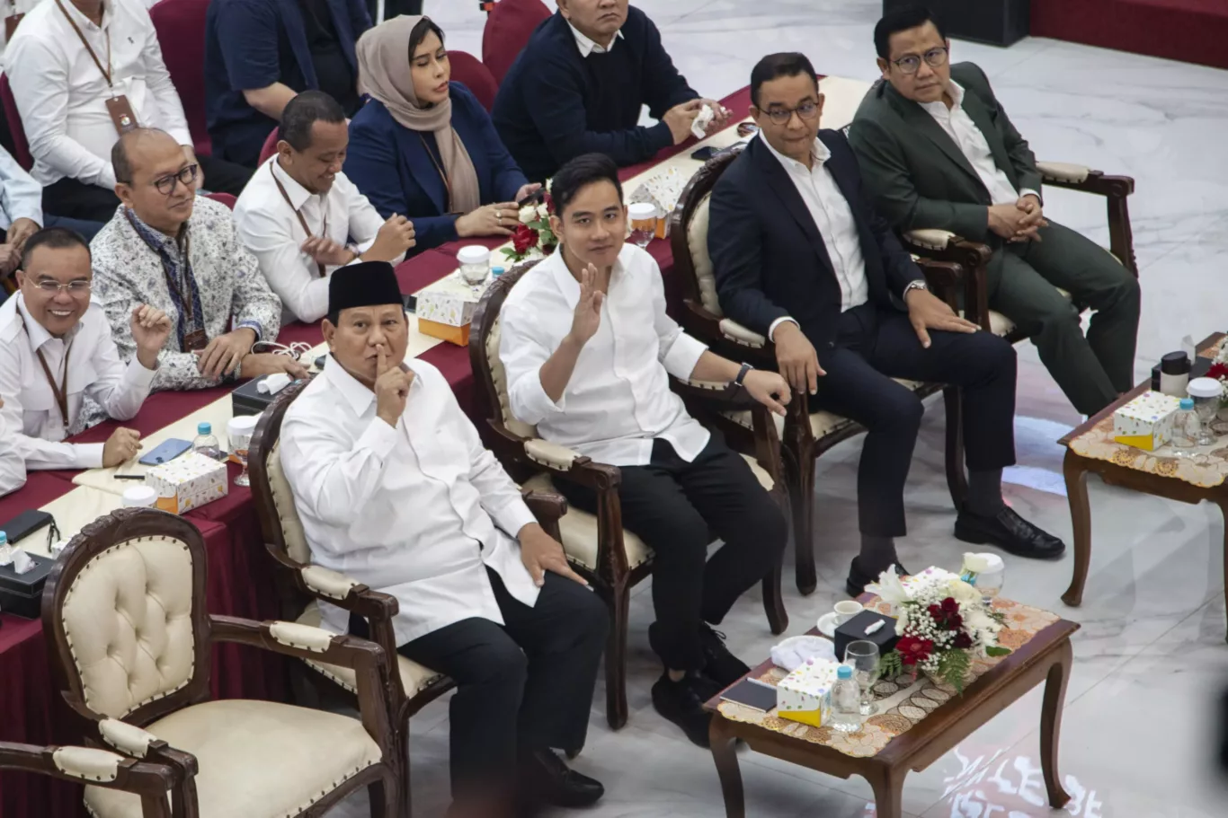 Indonesia's President-elect Prabowo Subianto and Vice President-elect Gibran Rakabuming Raka at the announcement of the 2024 Presidential Election results in Jakarta, Indonesia, 24 April 24 2024 (Photo by Aditya Irawan/NurPhoto).