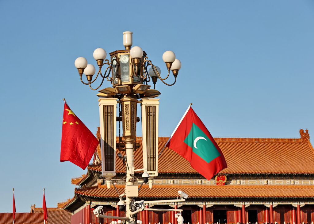The national flags of Maldives and China flutter at Tiananmen Square, Beijing, China, 9 January 2024 (Photo: Reuters).