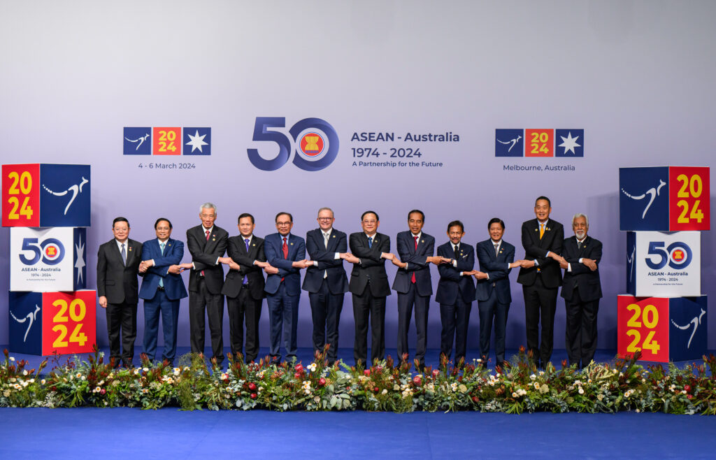 (L-R) Leaders hold hands during the ASEAN Australia Special Summit Leaders Arrival and Official Family Photo event in Melbourne. Secretary-General of ASEAN, Kao Kim Hourn, Prime Minister of the Socialist Republic of Vietnam, Pham Minh Chinh, Prime Minister of the Republic of Singapore, Lee Hsien Loong, Prime Minister of the Kingdom of Cambodia, Hun Manet, Prime Minister of Malaysia, Anwar Ibrahim, Prime Minister of Australia, Anthony Albanese, Prime Minister of the Lao PDR, Sonexay Siphandone, President of the Republic of Indonesia, Joko Widodo, Sultan of Brunei, Hassanal Bolkiah, President of the Republic of the Philippines, Marcos Jr, Prime Minister of the Kingdom of Thailand, Srettha Thavisin, Prime Minister of the Democratic Republic of Timor-Leste, Kay Rala Xanana Gusm„o. Secretary-General of ASEAN, Kao Kim Hourn, Prime Minister of the Socialist Republic of Vietnam, Pham Minh Chinh, Prime Minister of the Republic of Singapore, Lee Hsien Loong, Prime Minister of the Kingdom of Cambodia, Hun Manet, Prime Minister of Malaysia, Anwar Ibrahim, Prime Minister of Australia, Anthony Albanese, Prime Minister of the Lao PDR, Sonexay Siphandone, President of the Republic of Indonesia, Joko Widodo, Sultan of Brunei, Hassanal Bolkiah, President of the Republic of the Philippines, Marcos Jr, Prime Minister of the Kingdom of Thailand, Srettha Thavisin, Prime Minister of the Democratic Republic of Timor-Leste, Kay Rala Xanana Gusmão pose for a family photo at the ASEAN-Australia Special Summit, in Melbourne, Australia 5 March 2024 (Photo: SOPA Images)