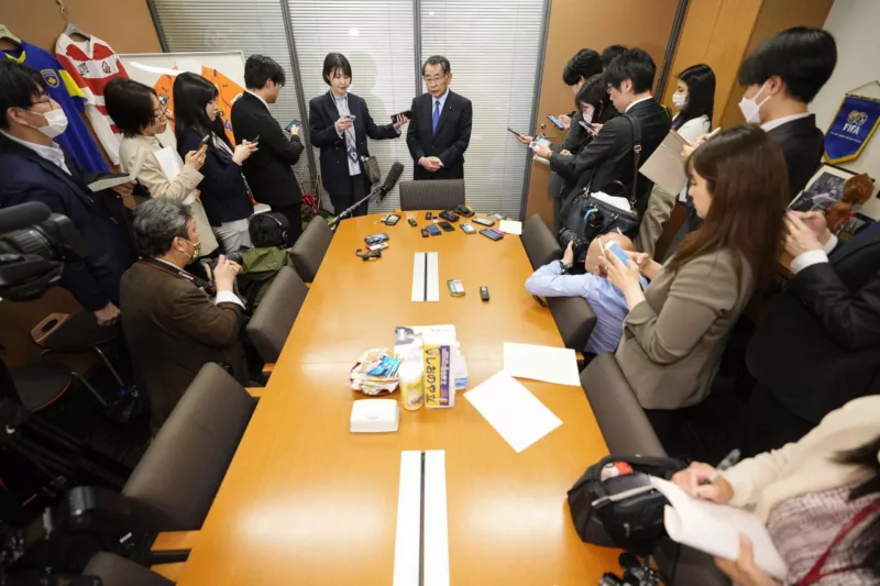Former education minister Ryu Shionoya meets the press in Tokyo, Japan, 4 April 2024 (Photo: Reuters/Kyodo).