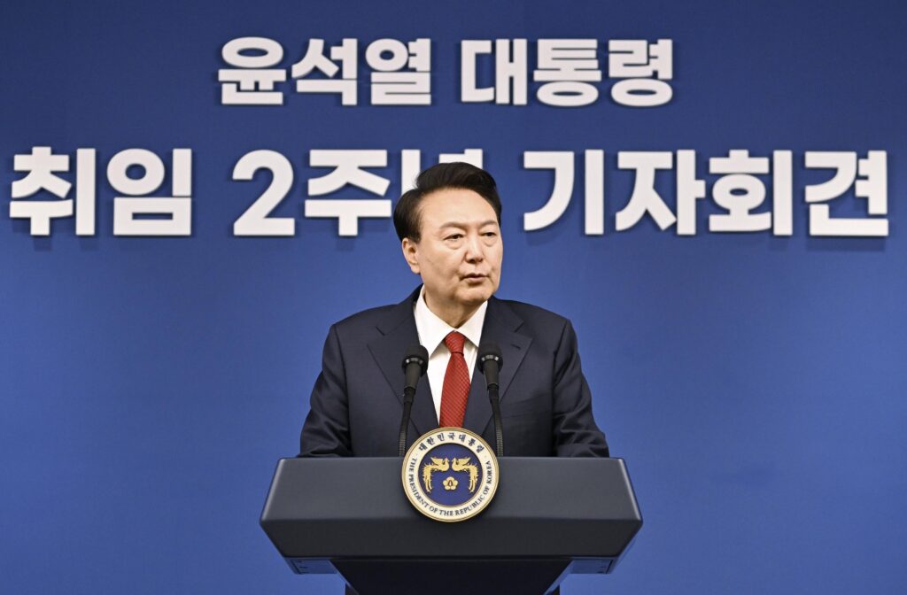 South Korean President Yoon Suk Yeol holds a press conference at his office in Seoul on 9 May 2024 (Photo: REUTERS/Kyodo)
