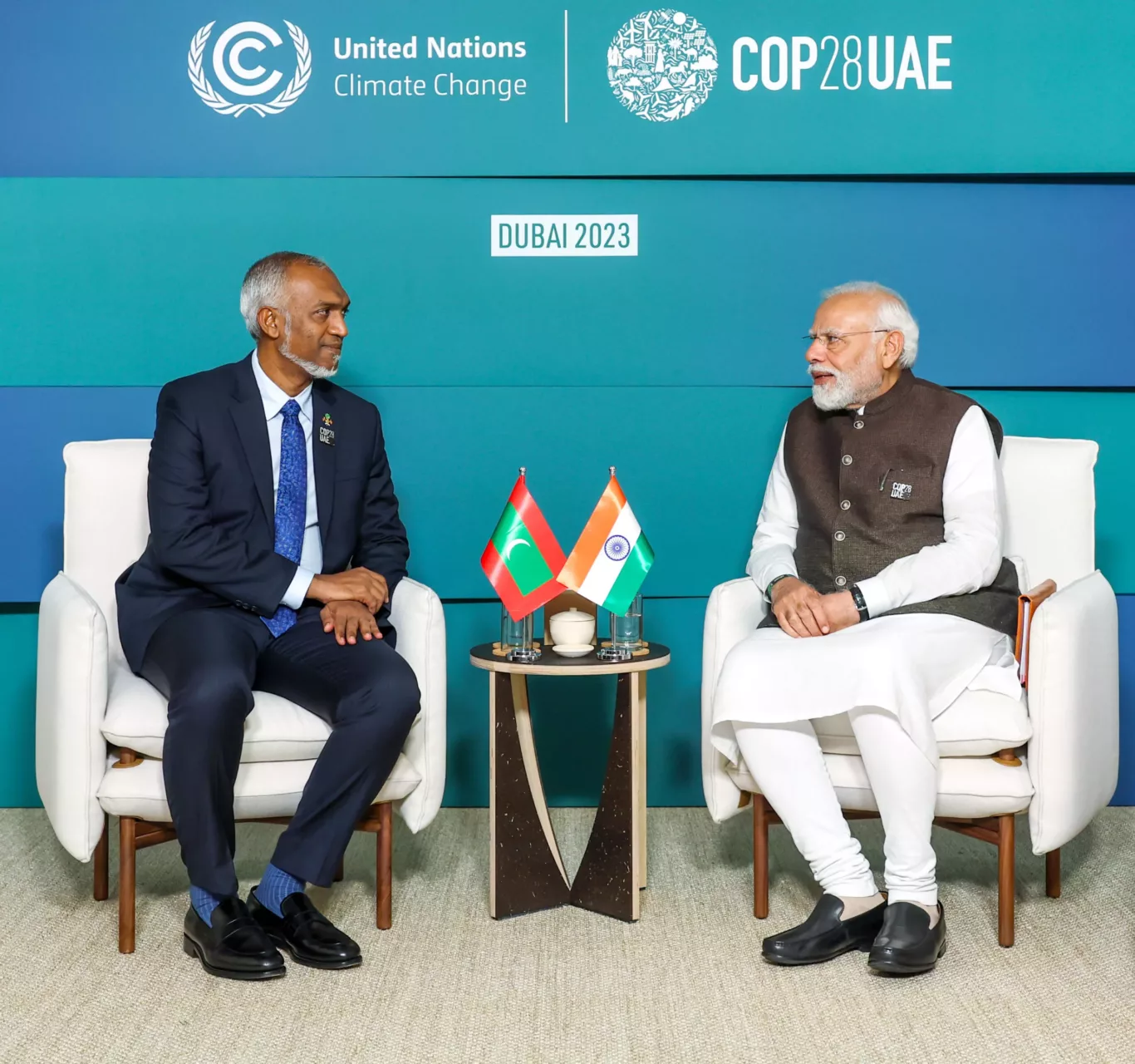 Indian Prime Minister Narendra Modi meets Maldivian President Mohamed Muizzu, Dubai, United Arab Emirates, 1 December 2023 (Photo: Reuters/ANI).