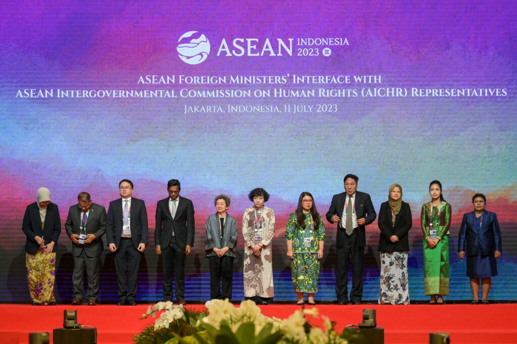 ASEAN Intergovernmental Commission on Human Rights' (AICHR) Representatives pose for the Association of Southeast Asian Nations (ASEAN) Foreign Ministers interface meeting with AICHR Representative as part of the ASEAN Foreign Ministers' Meeting in Jakarta, Indonesia on 11 July 2023. (Photo: Reuters/Bay Ismoyo)