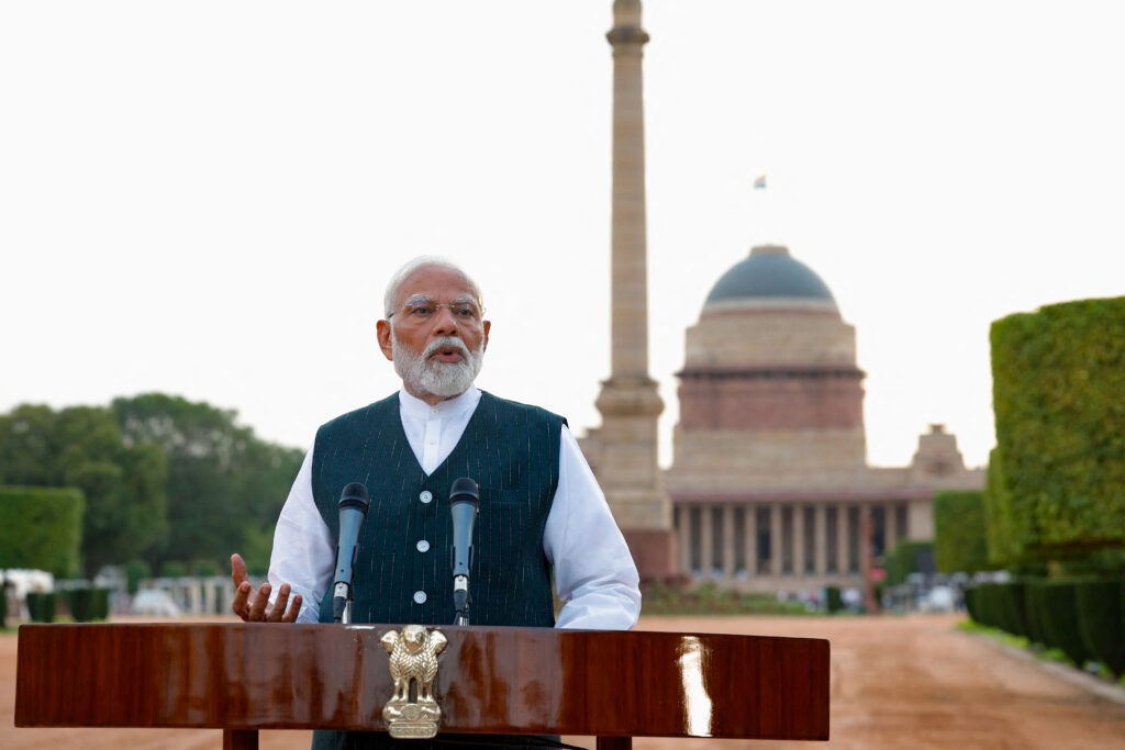 India's Prime Minister Narendra Modi addresses the media after his meeting with President Droupadi Murmu, to stake claim to form the new government at the Presidential Palace in New Delhi, India, 7 June 2024 (Photo: Reuters/Adnan Abidi).